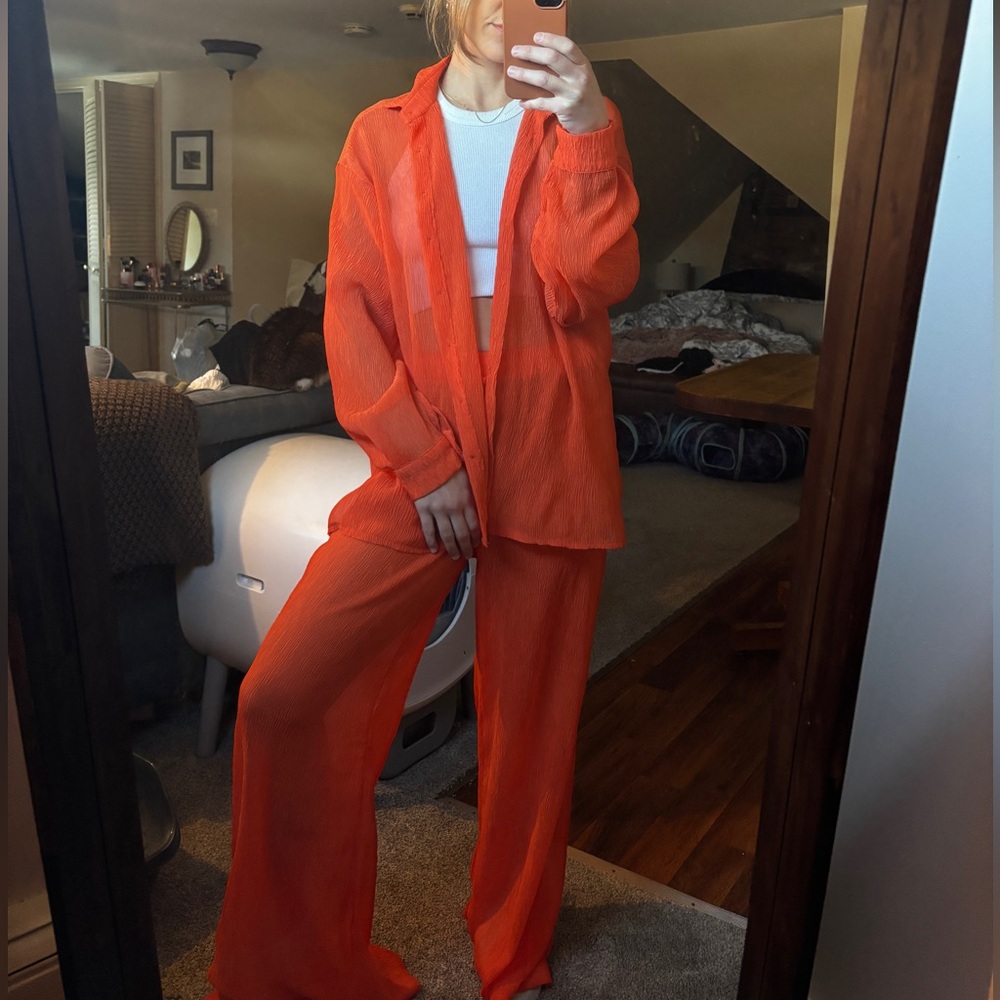 Nasty Gal Bright Orange Sheer Button-Up Top & Wide Leg Pants Set